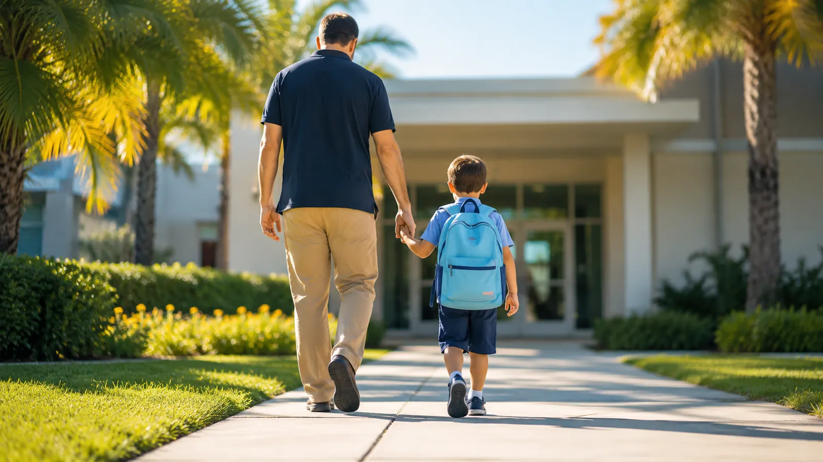 From ABA Center to Kindergarten: Planning the Transition Adult and young child with a blue backpack walking hand in hand toward a school entrance past palm trees
